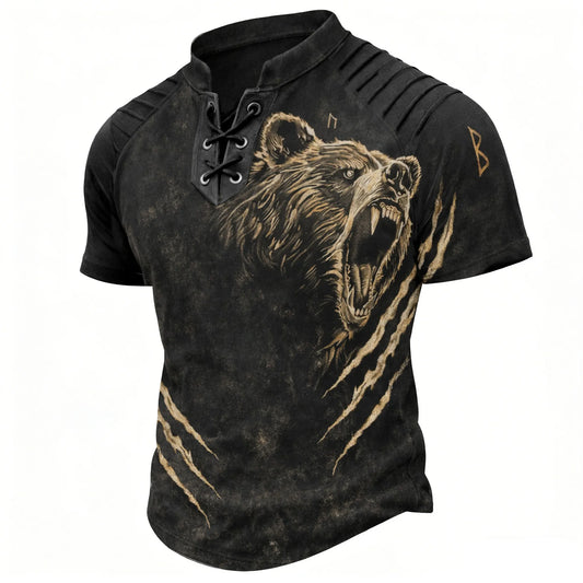 Men's Lace-Up Henley T-Shirt - Roaring Bear Claw Print Black Gold Vintage Short Sleeve Top