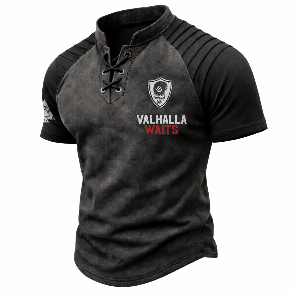 Men's Distressed Washed Gray Graphic Short Sleeve Lace-Up Henley T-Shirt with Pleated Shoulders