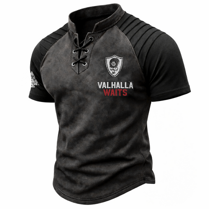 Men's Distressed Washed Gray Graphic Short Sleeve Lace-Up Henley T-Shirt with Pleated Shoulders