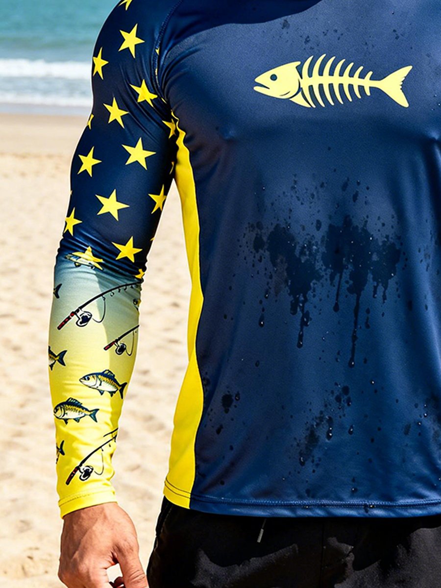 Men's Outdoor Sun Protection Breathable Cool Face Mask Hooded Printed Long-Sleeved Top