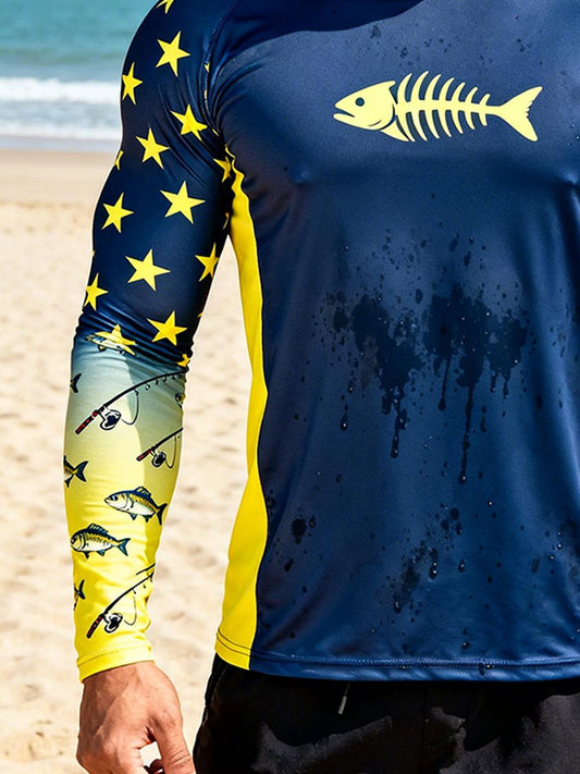 Men's Outdoor Sun Protection Breathable Cool Face Mask Hooded Printed Long-Sleeved Top