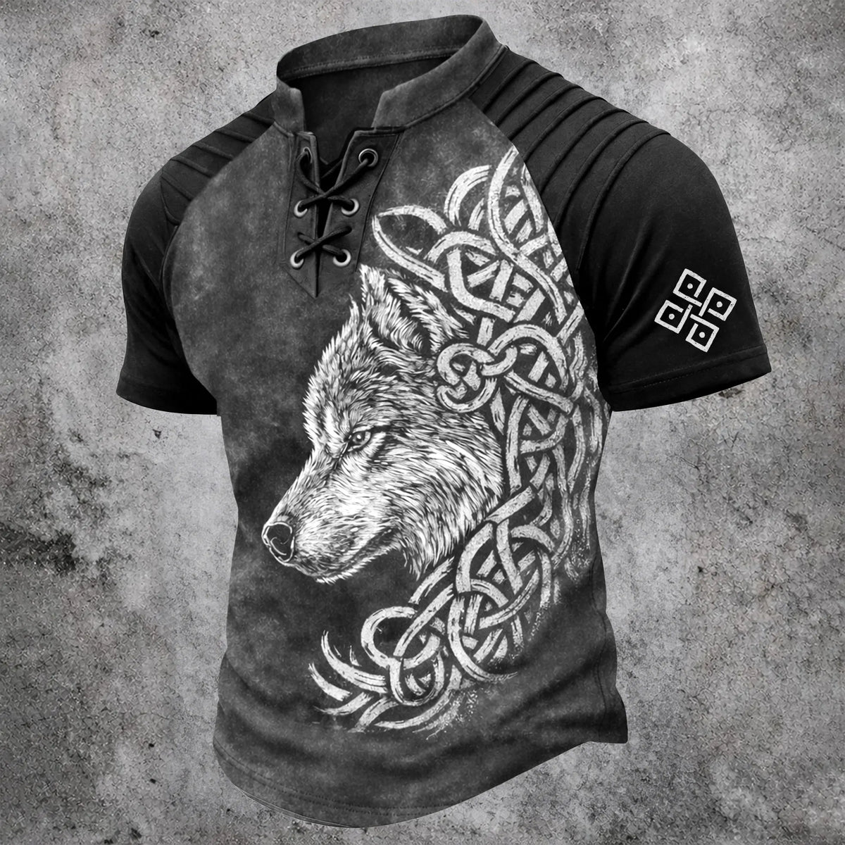 Men's Wolf Celtic Knot Print Distressed Blue Lace-Up Henley Shirt - Pleated Short Sleeve
