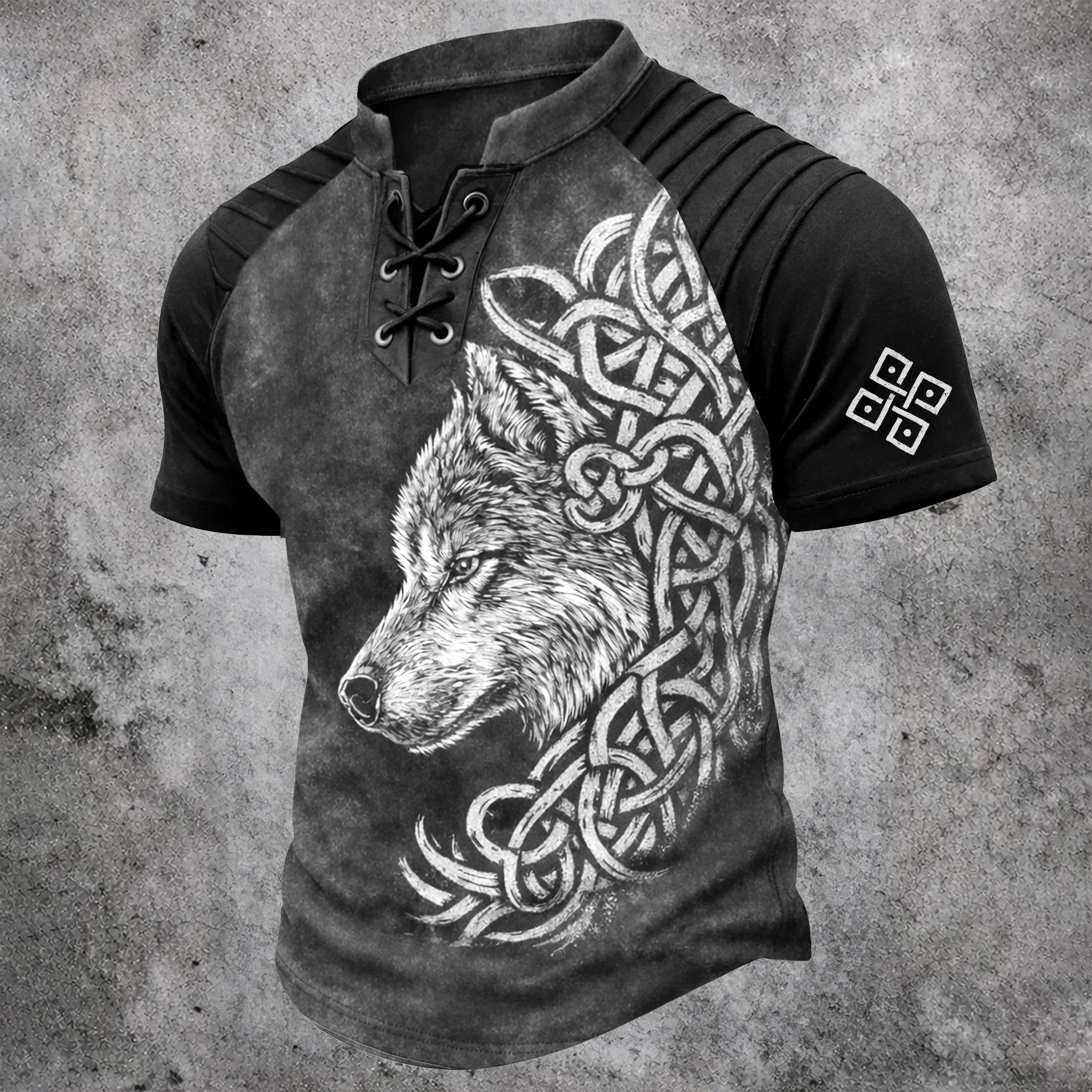 Men's Wolf Celtic Knot Print Distressed Blue Lace-Up Henley Shirt - Pleated Short Sleeve