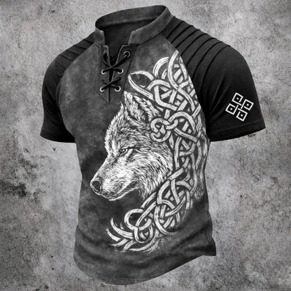 Men's Wolf Celtic Knot Print Distressed Blue Lace-Up Henley Shirt - Pleated Short Sleeve