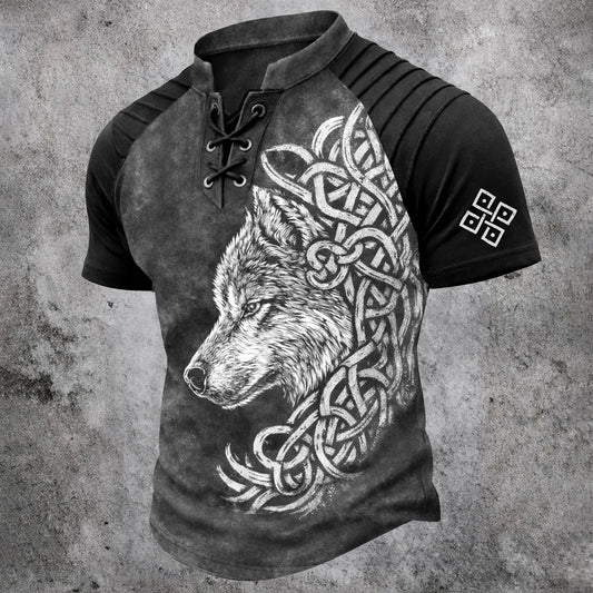 Men's Wolf Celtic Knot Print Distressed Blue Lace-Up Henley Shirt - Pleated Short Sleeve