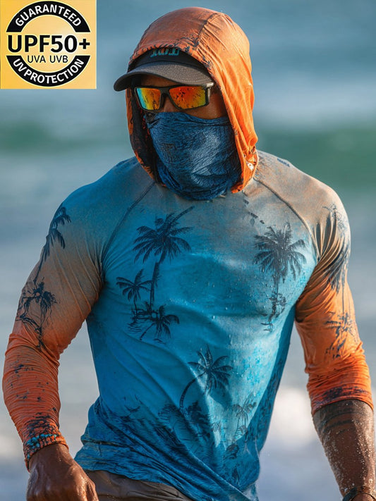 Men's Outdoor Sunscreen Breathable Cool Hooded Printed Surf Long-Sleeve Top