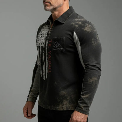 Vintage-washed printed Viking battle axe with American spirit half-zip pocket sweatshirt