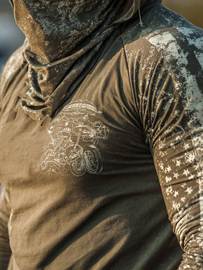 Men's Retro Flag Print Outdoor Sun Protection Breathable Cooling Mask Hooded Sun Protection Long Sleeve Top