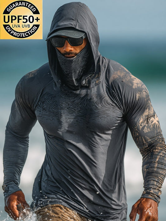 Men's Outdoor Sunscreen Breathable Cool Hooded Printed Surf Long-Sleeve Top
