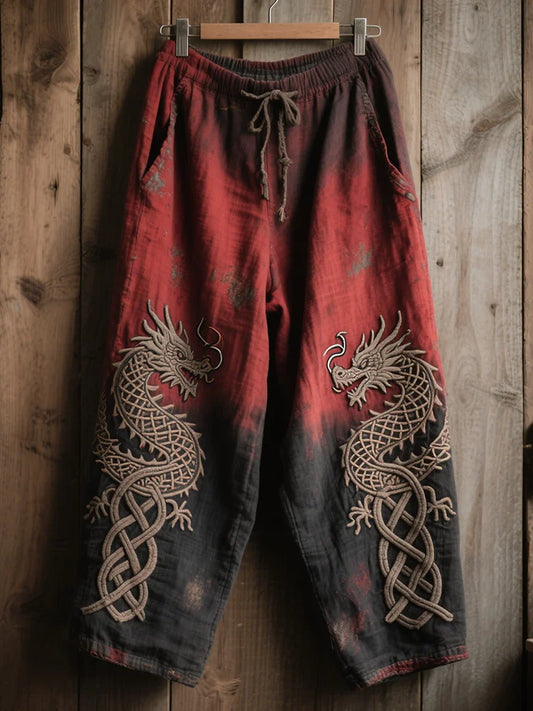 Unisex Dragon Wide Leg Pants - Vintage Ombre Red Black Drawstring Trousers
