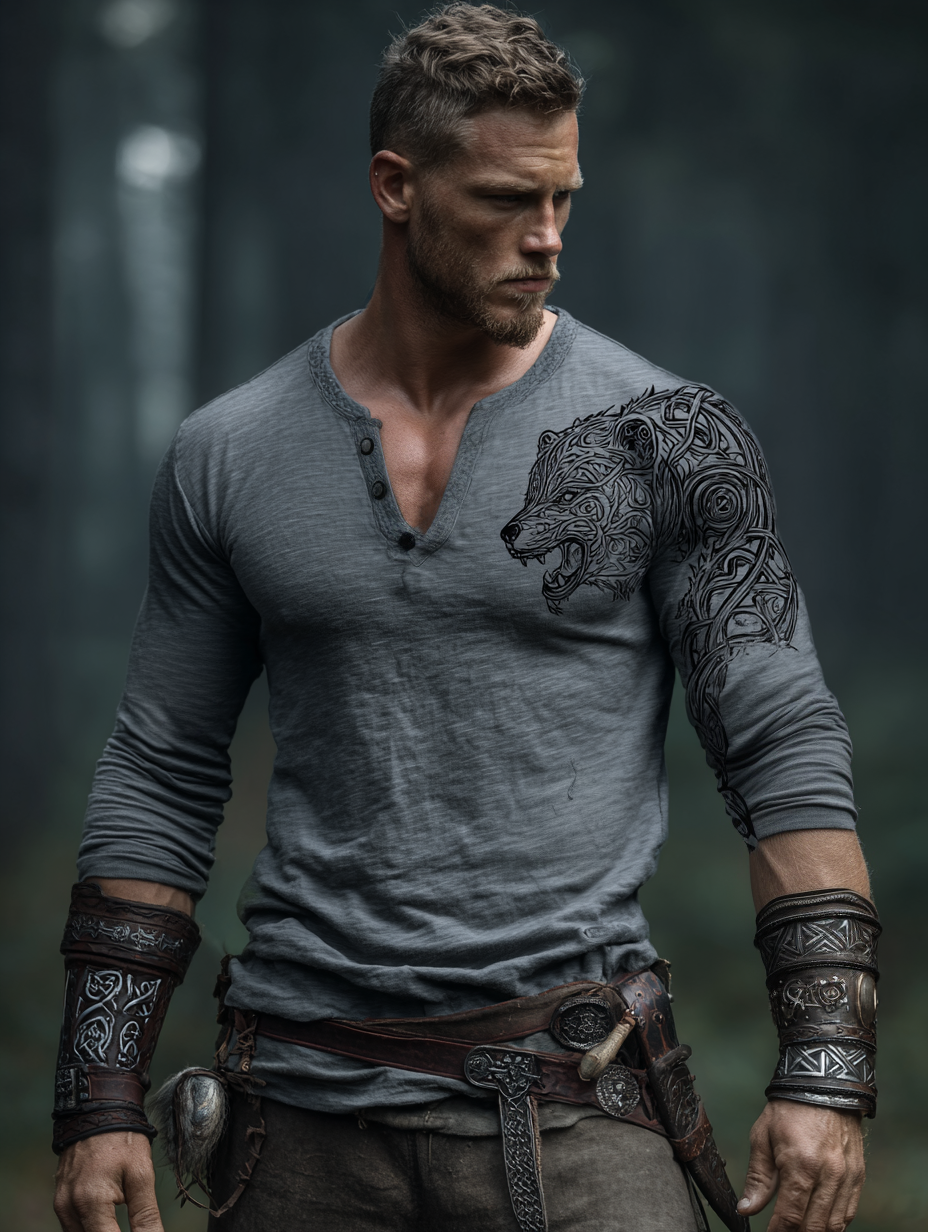 Men's Viking Nordic Bear Totem Retro Henley Long-Sleeve Shirt