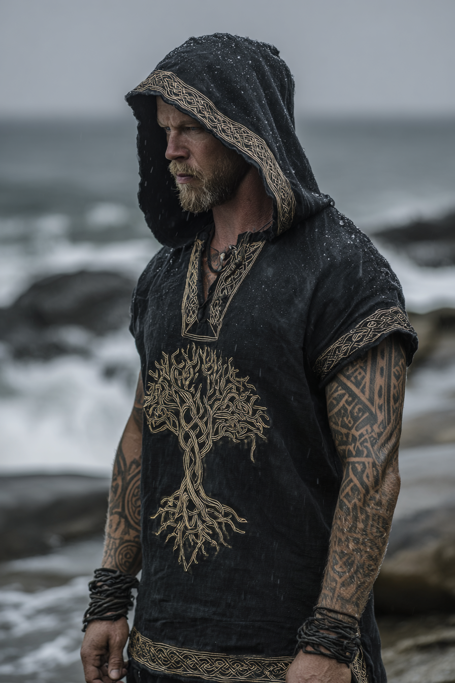 Men's Viking Inspired Golden Rune Tree Of Life Short Sleeve Hoodie