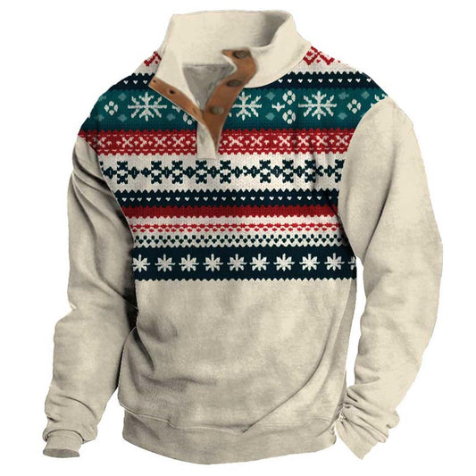 Men's Sweatshirt Christmas Stand Collar Buttons Daily Tops Beige