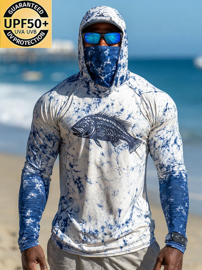 Men's Outdoor Sun Protection Breathable Cool Face Mask Hooded Printed Long-Sleeved Top