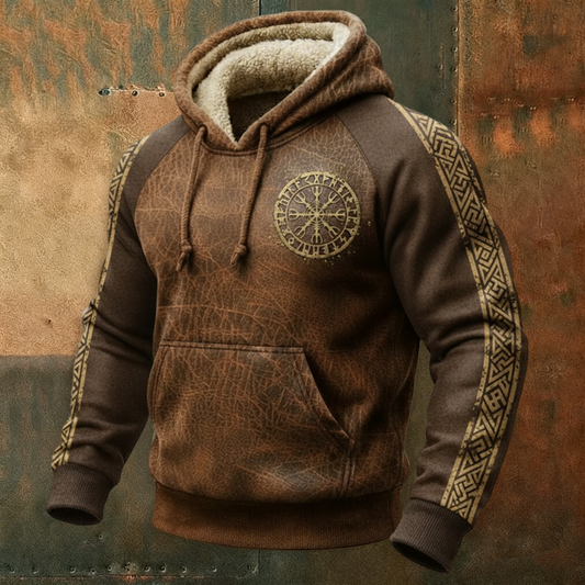Retro Viking Hoodie with Fleece Collar and Nordic Celtic Vegvisir