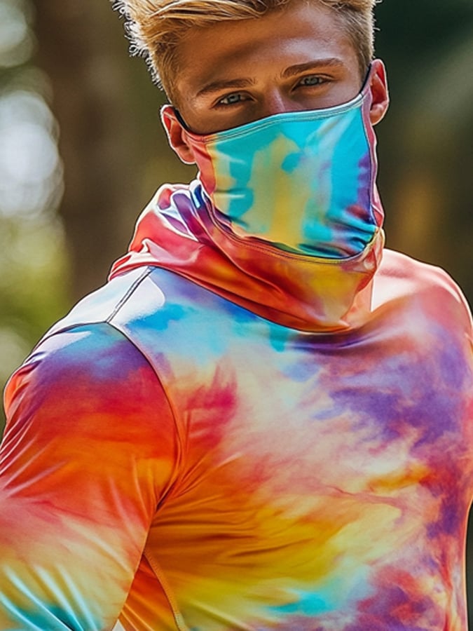 Men's Outdoor Sun Protection Breathable Cool Colorful Mask Hooded Sun Protection Long-Sleeved Top