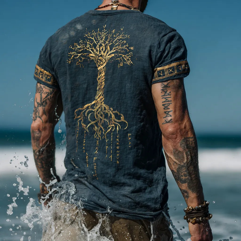Men's Vintage Coastal Linen T-Shirt – Yggdrasil Pattern