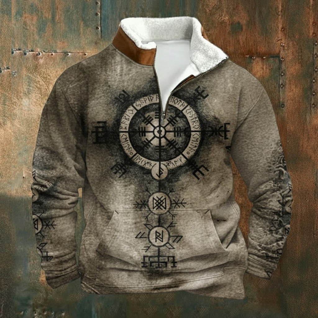Retro Nordic Viking Style Fleece Collar Zip Shirt