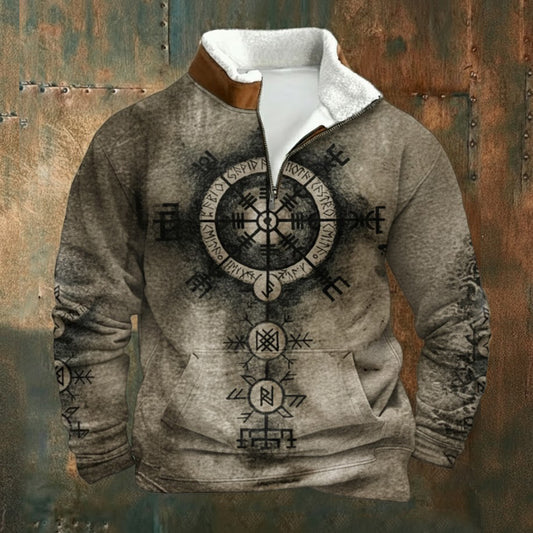 Retro Nordic Viking Style Fleece Collar Zip Shirt