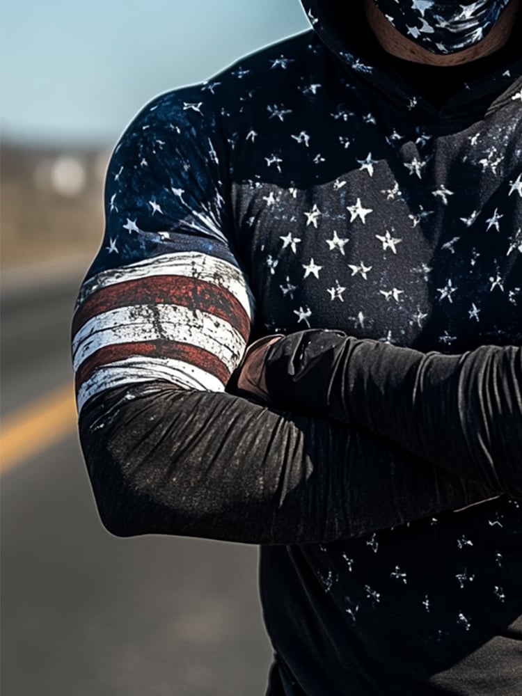 Men's Outdoor Sun Protection Breathable Cool Mask American Flag Print Hooded Sun Protection Long Sleeve Top