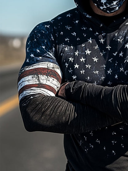 Men's Outdoor Sun Protection Breathable Cool Mask American Flag Print Hooded Sun Protection Long Sleeve Top
