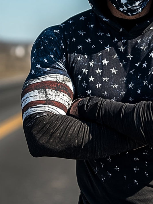 Men's Outdoor Sun Protection Breathable Cool Mask American Flag Print Hooded Sun Protection Long Sleeve Top