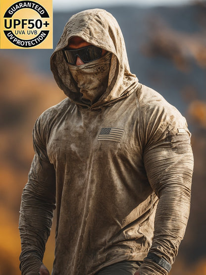 Men's Retro Outdoor Sun Protection Breathable Cooling Mask Hooded Sun Protection Long Sleeve Top