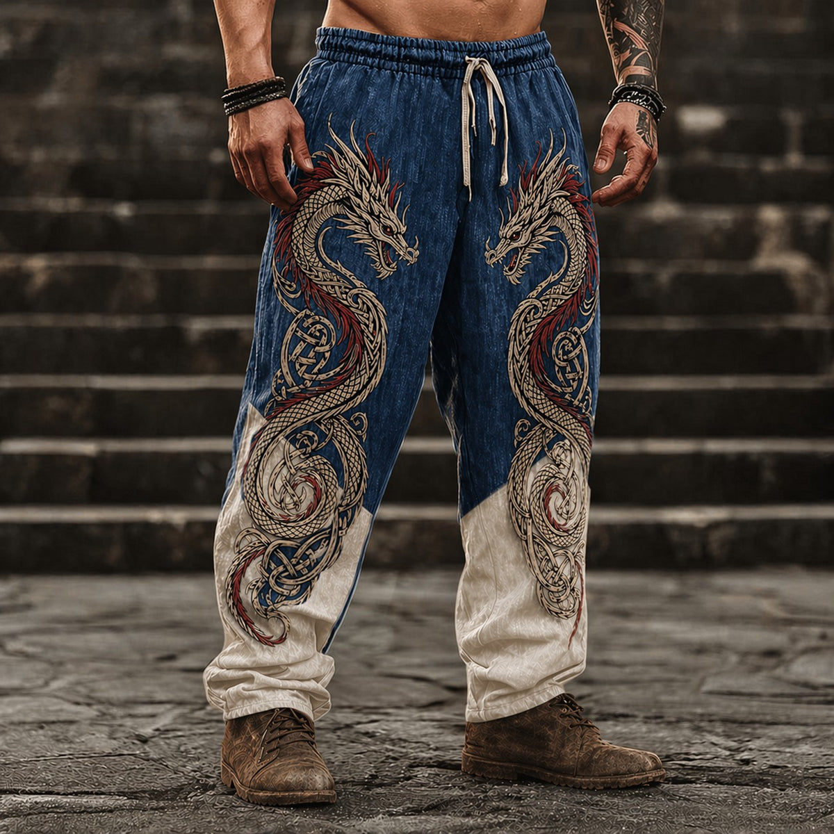 Men's Dragon Print Loose Fit Pants - Blue & White Two-Tone Graphic Drawstring Casual Trousers