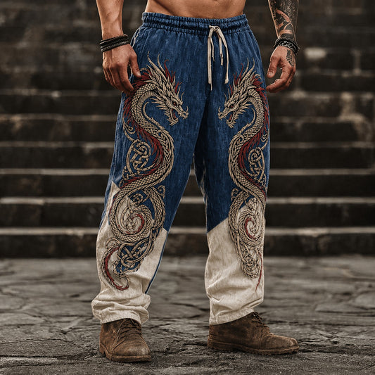 Men's Dragon Print Loose Fit Pants - Blue & White Two-Tone Graphic Drawstring Casual Trousers