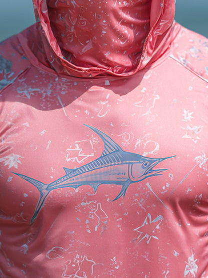 Men's Outdoor Sun Protection Breathable Cool Face Mask Hooded Printed Long-Sleeved Top