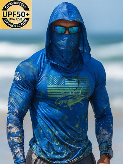 Men's Outdoor Sun Protection Breathable Cool Face Mask Hooded Printed Long-Sleeved Top