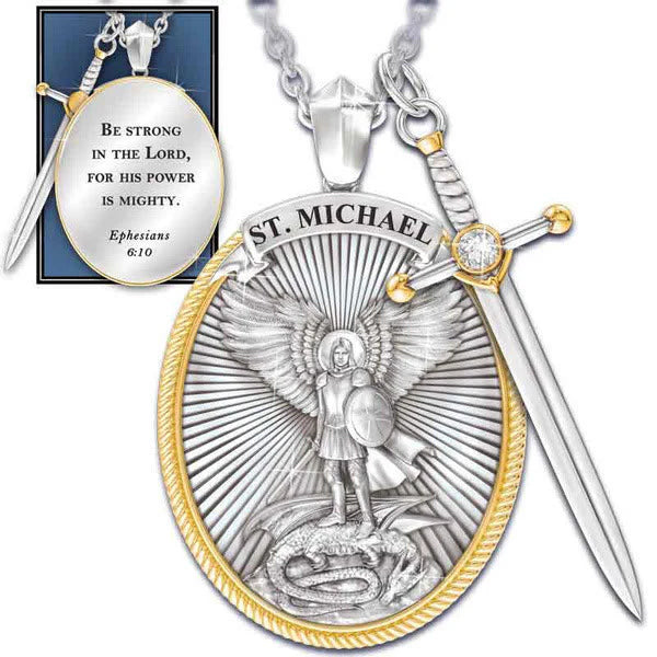 Two Tone Sword & Oval Shield St. Michael Pendant Necklace
