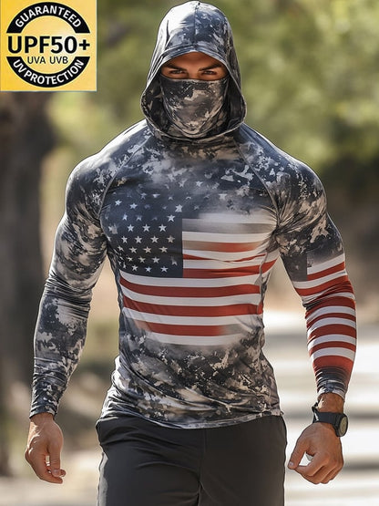 Men's Outdoor Sun Protection Breathable Cool Mask American Flag Print Hooded Sun Protection Long Sleeve Top