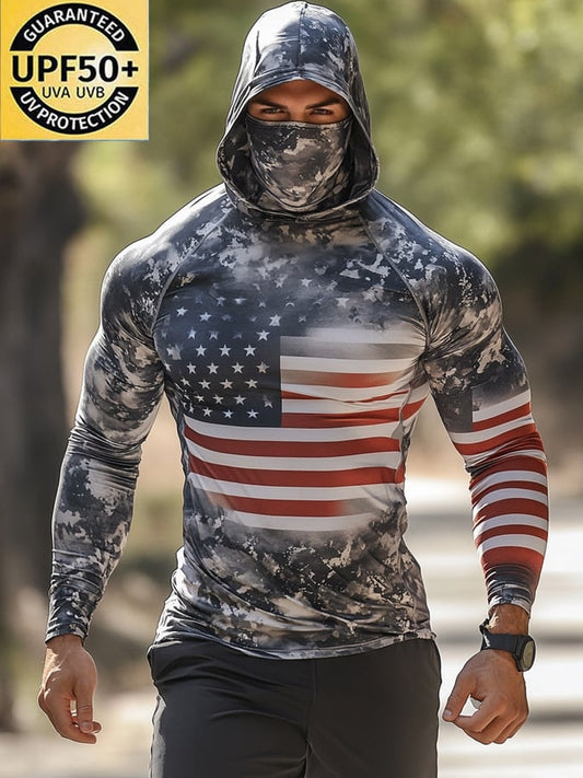 Men's Outdoor Sun Protection Breathable Cool Mask American Flag Print Hooded Sun Protection Long Sleeve Top