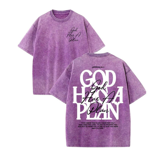 "God Has A Plan" Double Sided T-Shirt – Retro Washed Christian Letter Print, 230 GSM Cotton