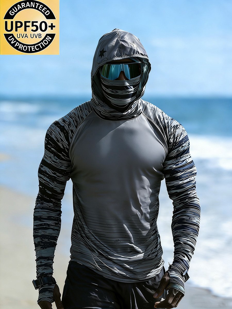 Men's Outdoor Sun Protection Breathable Cool Face Mask Hooded Printed Long-Sleeved Top