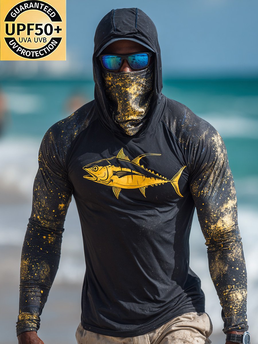 Men's Outdoor Sun Protection Breathable Cool Face Mask Hooded Printed Long-Sleeved Top