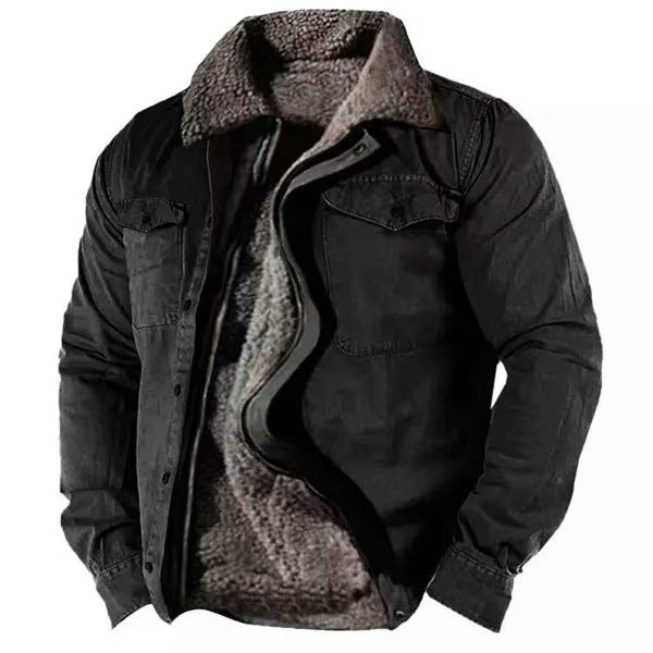 Men's Warm Coat Retro Fleece Cotton Solid Color Lapel Coat Jacket