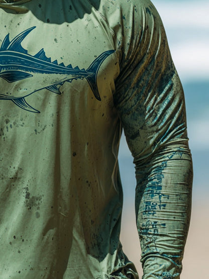 Men's Outdoor Sun Protection Breathable Cool Face Mask Hooded Printed Long-Sleeved Top