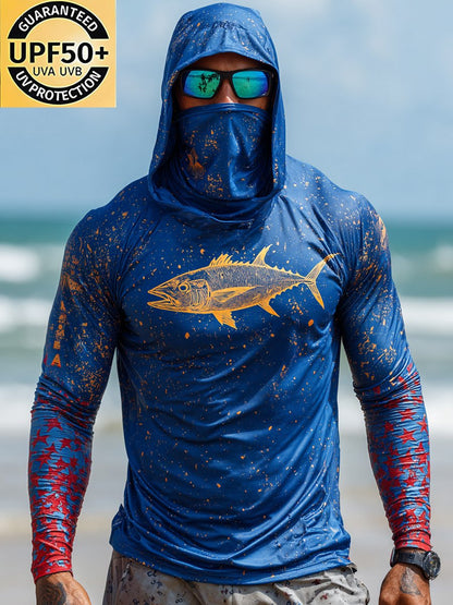 Men's Outdoor Sun Protection Breathable Cool Face Mask Hooded Printed Long-Sleeved Top