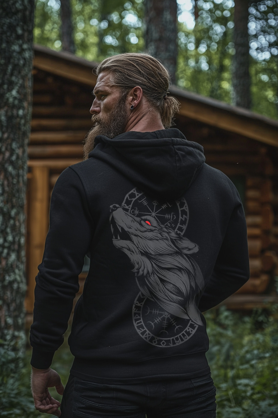 Viking Wolf Rune Printed Totem Vintage Unisex Casual Sports Hoodie