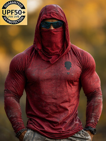 Men's Retro Red Outdoor Sun Protection Breathable Cooling Mask Hooded Sun Protection Long Sleeve Top