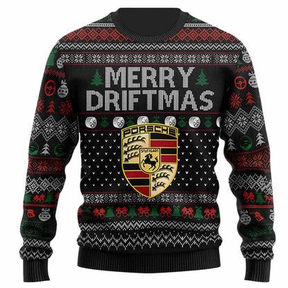 Unisex Vintage Racing Car Merry Driftmas Print Crew Neck Ugly Christmas Sweatshirt