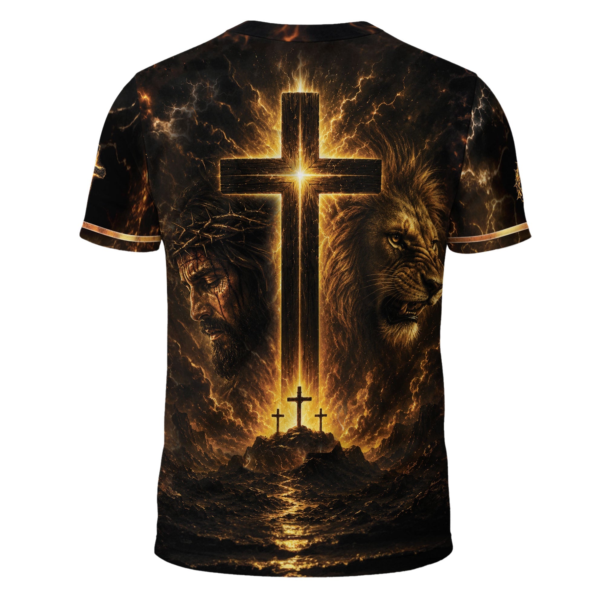 Faith Over Fear Lion Cross Warrior 3D Graphic Christian T Shirt Apparel Men Clothing
