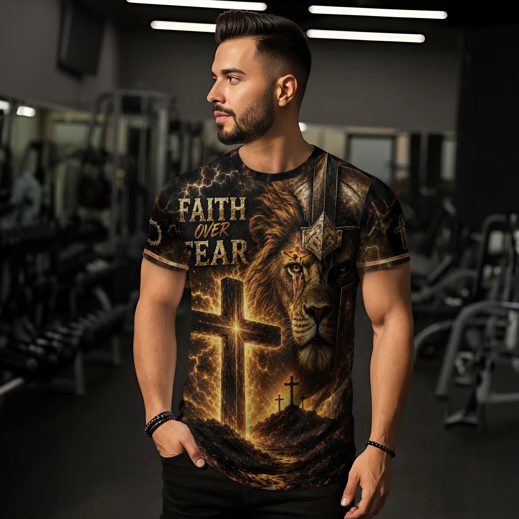 Faith Over Fear Lion Cross Warrior 3D Graphic Christian T Shirt Apparel Men Clothing