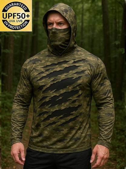 Men's Outdoor Sun Protection Breathable Cool Hunting Camouflage Mask Hooded Sun Protection Long-Sleeved Top