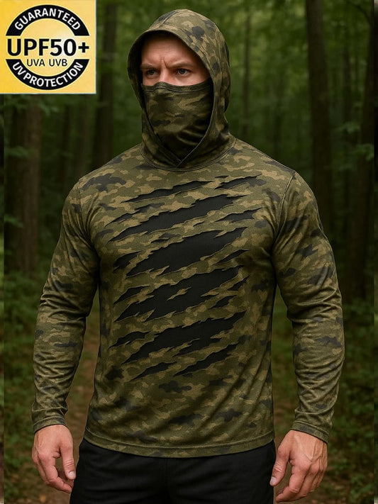Men's Outdoor Sun Protection Breathable Cool Hunting Camouflage Mask Hooded Sun Protection Long-Sleeved Top