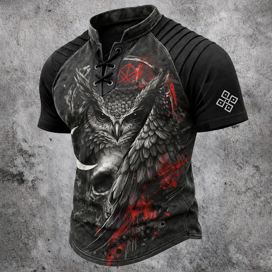 Men's Gothic Owl Skull Print Lace-Up Henley T-Shirt - Distressed Short Sleeve Top