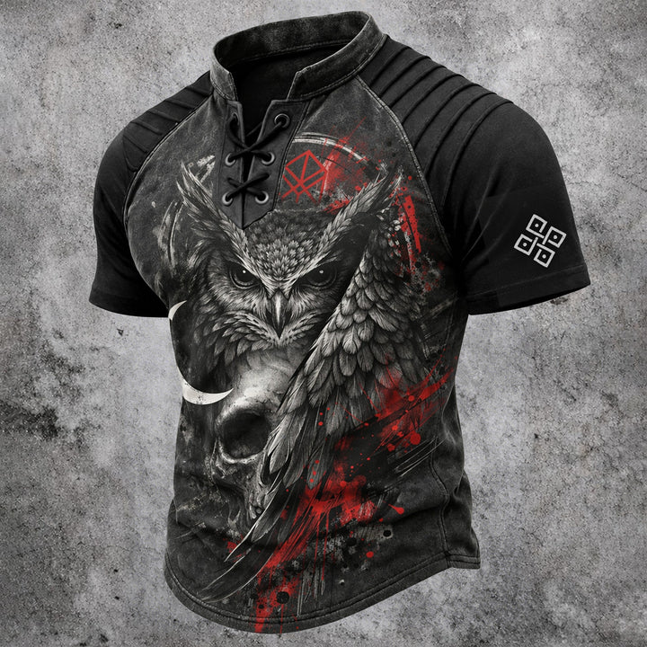 Men's Gothic Owl Skull Print Lace-Up Henley T-Shirt - Distressed Short Sleeve Top