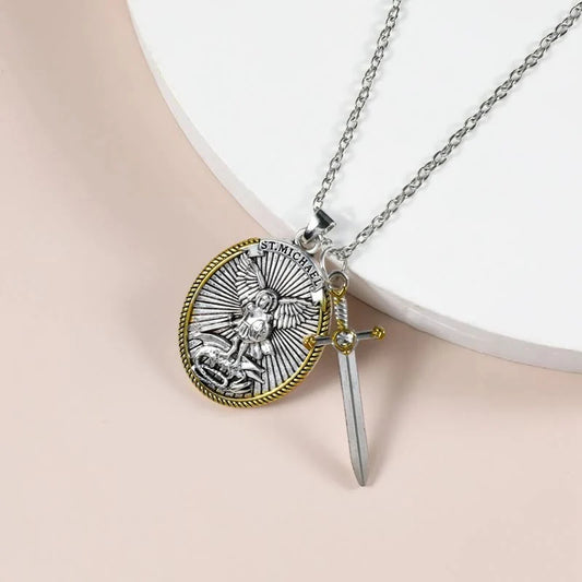 Two Tone Sword & Oval Shield St. Michael Pendant Necklace